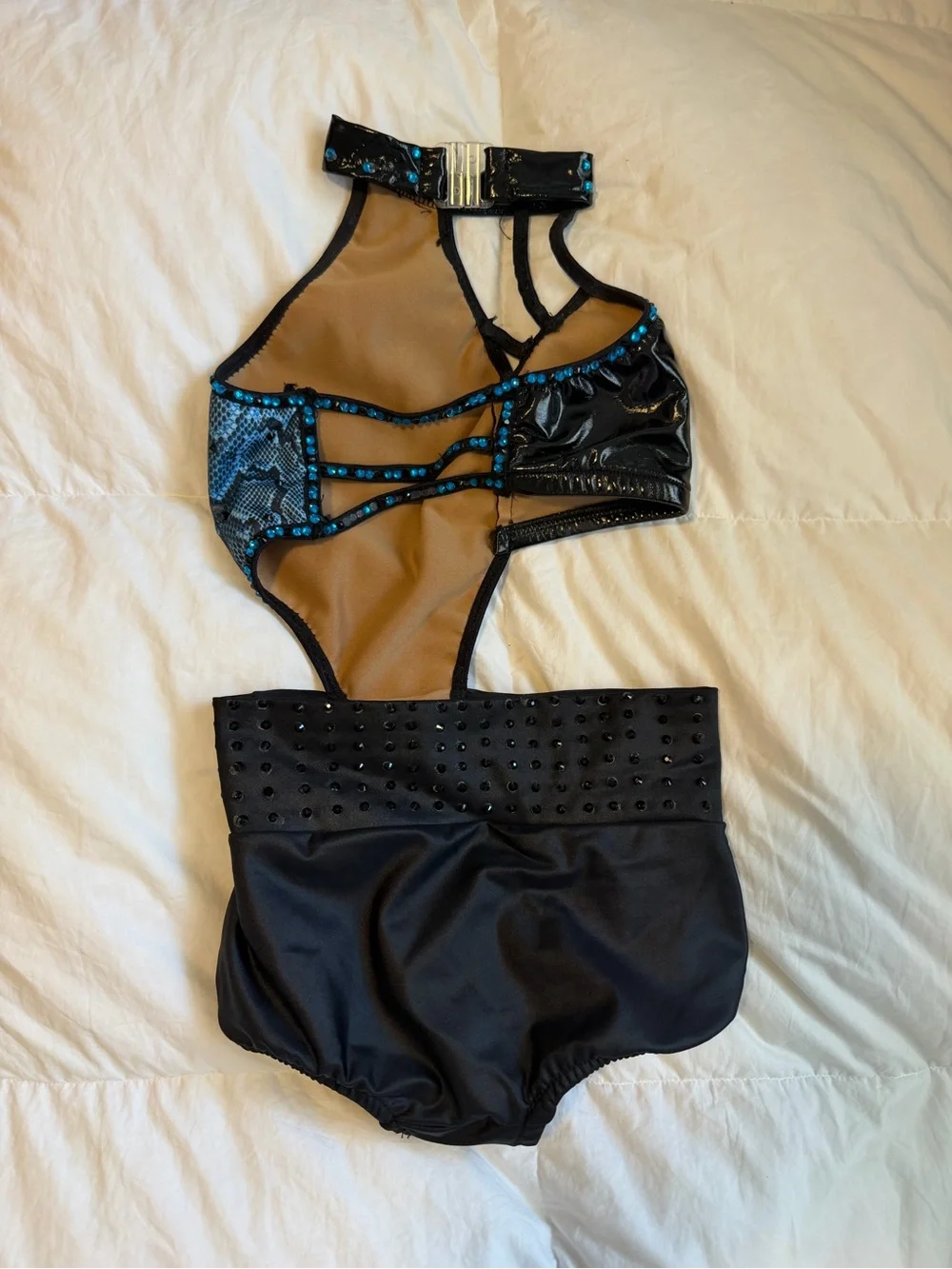Black & Teal High Neck One-Piece Dance Costume with Studded High-Waist Bottom